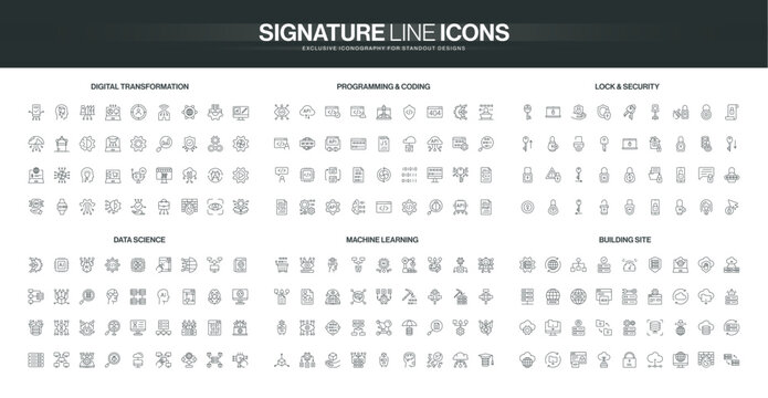 Modern line icons set covers digital transformation, coding, security, data science, machine learning, and building site concepts in technology and innovation isolated vector illustration