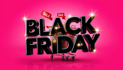 Black friday sale banner with shopping cart on pink background