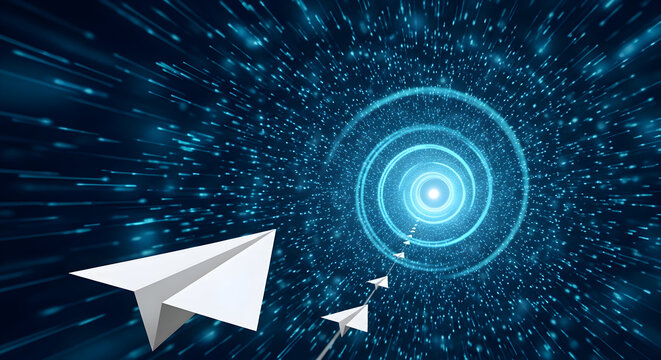 Innovative paper planes soaring through a digital tunnel, representing speed and connectivity in the modern age of high tech communication network