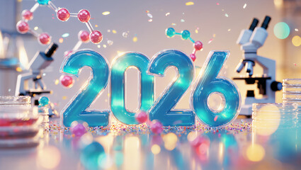 2026 science celebration with molecules and microscopes in a laboratory setting