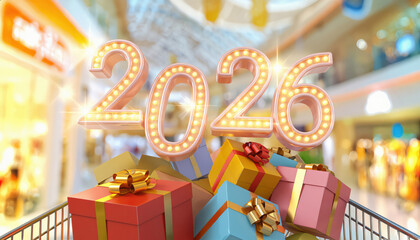 Glowing 2026 sign over colorful gift boxes in shopping mall