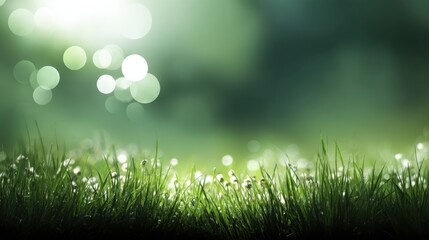 Obraz premium Soft Blurred Background of Fresh Green Grass with Morning Dew and Gentle Light Bokeh Effect for Nature and Outdoor Themes