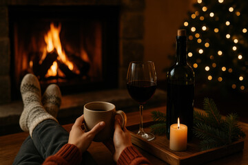 Cozy winter evening by the fireplace with warm drink and candlelit ambiance