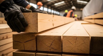 Lumberyard Worker Stacks Wooden Planks Quality Wood for Building Materials and Carpentry