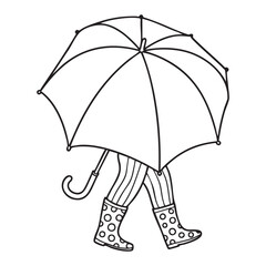 Whimsical illustration of an umbrella with legs wearing striped socks and polka dot boots walking vector