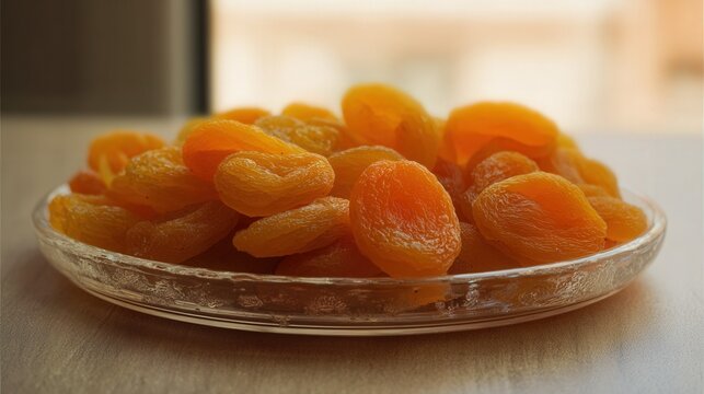 Dried apricots in glass plate on light background. Generative AI