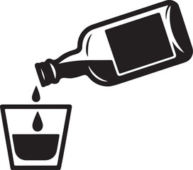 Black and white illustration of liquid pouring from bottle into glass