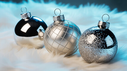 Three silver and black christmas ornaments on a fluffy white surface