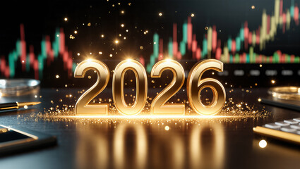 Golden 2026 celebration with financial graph and sparkling effects for new year