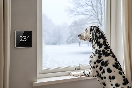 Dalmatian looking out a snowy window next to a thermostat set to 23&deg;C