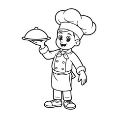 Cartoon boy chef wearing a tall hat and uniform holding a covered dish cook kitchen