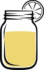 Hand drawn illustration of lemonade in a mason jar with lemon garnish