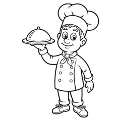 Cartoon chef in uniform holding a serving dish with a lid cook cooking