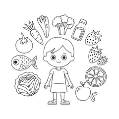 Boy with healthy food items arranged in a semicircle around him child cartoon