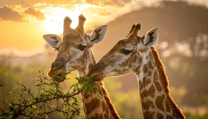 Two giraffes graze on leafy branches bathed in warm golden sunlight. A hillside is in the background, filling the frame, and the sky is aglow