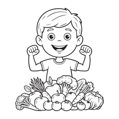 Happy boy flexing muscles surrounded by a variety of fresh fruits and vegetables child smiling
