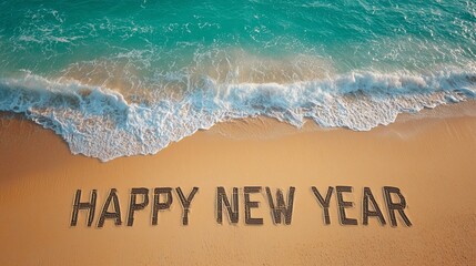 An inviting overhead shot of a serene tropical beach. The words HAPPY NEW YEAR are clearly and neatly written in large block letters into the golden sand in the foreground. 