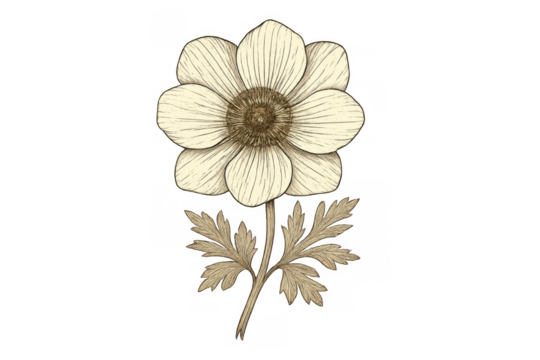 Vintage anemone flower drawing with sepia tones, botanical illustration for design projects, transparent background - Powered by Adobe