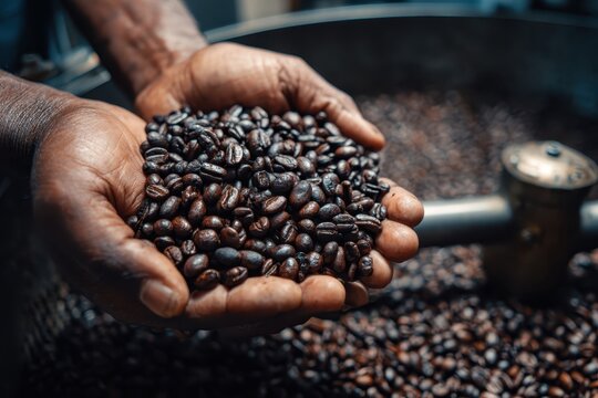 Cooling tray with brown roasted coffee beans. Coffee production industry of Africa. Fresh coffee grains in barista hands. Roaster background. Closeup roasting machine. Modern equipment grain chiller