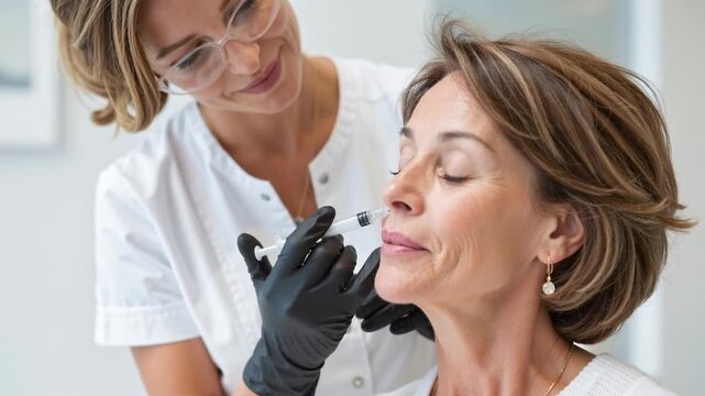 aesthetic specialist performing a facial filler injection on a mature woman