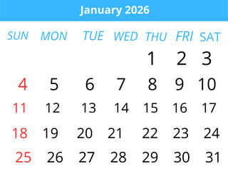 January 2026 Calendar Blue Theme White Background