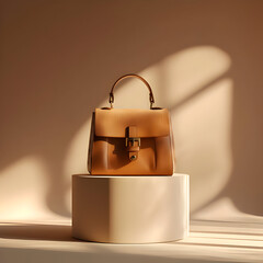 Beige handbag with short handle on podium

