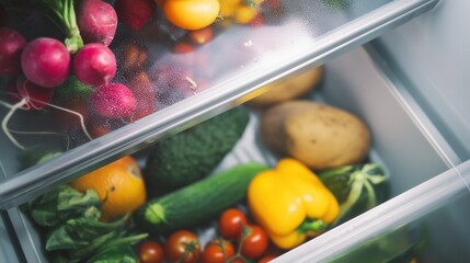 Fresh vegetables and fruits stored in refrigerator drawer. Generative AI