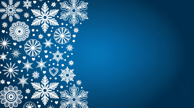 A collection of white snowflakes on a dark blue background with copy space