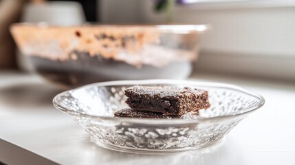 Homemade chocolate brownies on a clear glass plate in bright kitchen. Generative AI