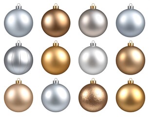 Twelve round, shiny Christmas ornaments in silver and gold hues arranged on a white background in a grid