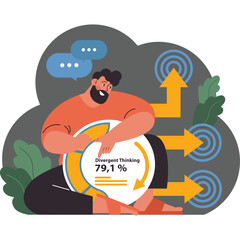 Bearded Man Sitting Cross Legged Analyzing Data on a Circular Graph Indicating Progress with Arrows Pointing to Targets