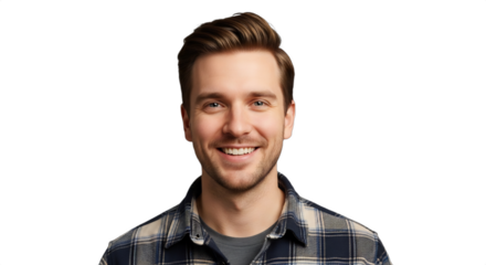 Smiling 25-30-year-old Caucasian man, an urban beekeeper in a flannel shirt, isolated on transparent background. Photorealistic studio portrait for sustainable business, eco-friendly blogs,