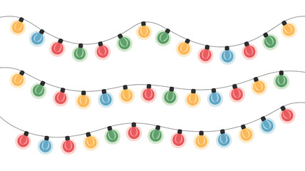 Colorful string lights with red, yellow, green, and blue bulbs on a white background