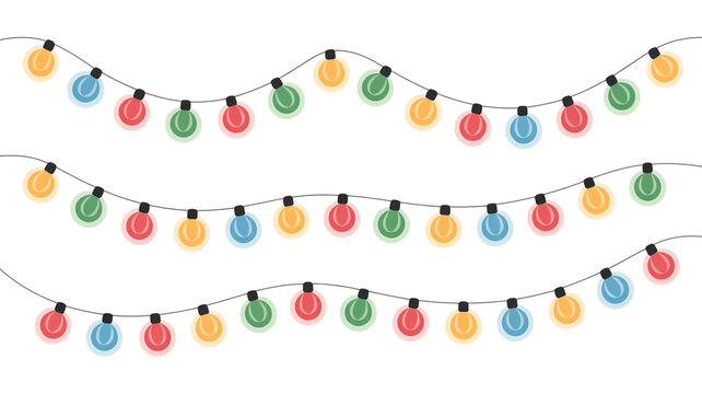 Colorful string lights with red, yellow, green, and blue bulbs on a white background