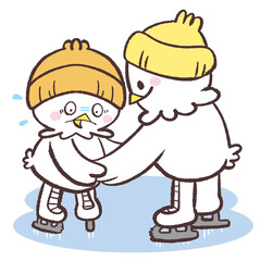 スケート教える白い鳥と教わる白い鳥のイラスト