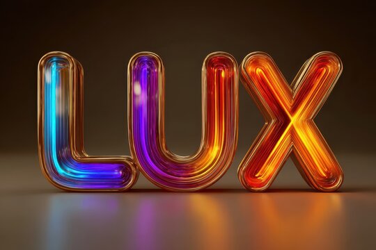 Lux neon sign with vintage style letters, showing golden glow. 3D Rendering of the text on a simple surface, the letters L, U, and X stand out with bright light