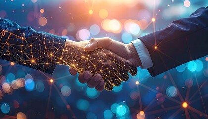 Two business professionals shaking hands. One hand features a digital network overlay with connected nodes. Background includes blurred city lights