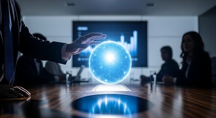 Business meeting with glowing orb and screen showing charts in a modern conference room setting