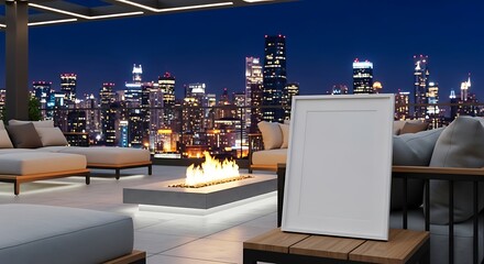Rooftop terrace with modern furniture, a flickering fire pit, and an empty white frame mockup, overlooking a vibrant city skyline illuminated at dusk, perfect for luxury lifestyle designs