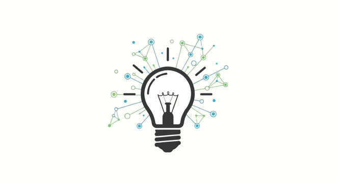 Conceptual illustration of a light bulb with a network of connected nodes radiating outwards representing innovation and ideas