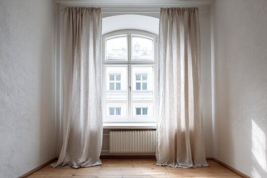 Neutral colored drapery frames an arched mullioned window inside a bright, empty room