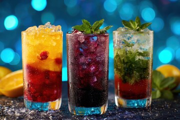 Fototapeta premium Festive Holiday Cocktails. Glasses of cocktails with Christmas decoration, blue neon bokeh lights background. Season drink set. Vibrant colorful display of various winter drinks. New Year celebrations