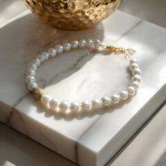 Golden pearl bracelet on marble background
