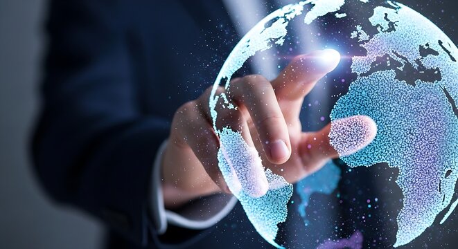 A person in a suit interacting with a digital globe with glowing lights and particle effects around it