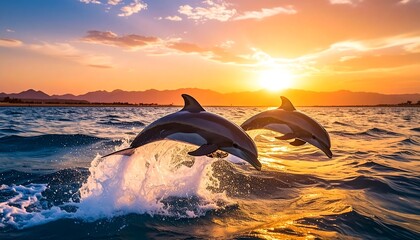 Two dolphins leap from the ocean during a vibrant sunset. The sky glows with orange and pink hues, illuminating water and distant mountains