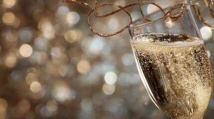 Sparkling champagne in a glass with golden bubbles and festive background perfect for celebrations, New Year parties, and special occasions