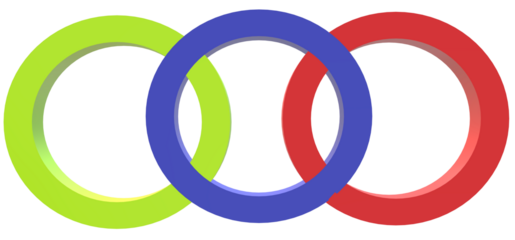 Overlapping rings in green blue and red colors on  a digital rendering style png
