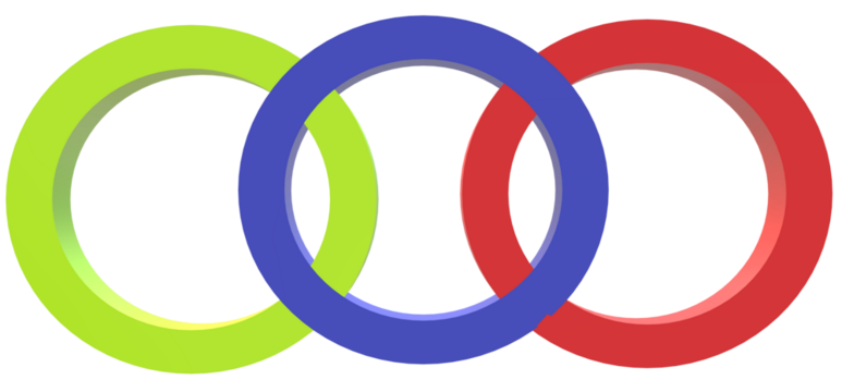 Overlapping rings in green blue and red colors on  a digital rendering style png