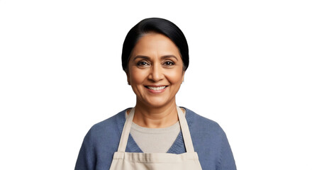 Smiling South Asian matriarch, 50s, in an apron, preparing a festive meal. Perfect for holiday marketing, family cookbooks, cultural celebrations, and Mother's Day campaigns.