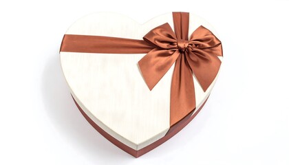 Top view of a heart-shaped gift box with a contrasting ribbon and bow, possibly containing chocolates or other treats, isolated on white